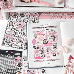 Anime girl theme stickers for planners with pink and black elements in matte finish