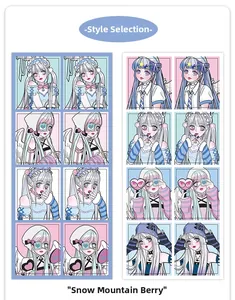 Detail view of Japanese anime style girl stickers with pastel colors and cute character art