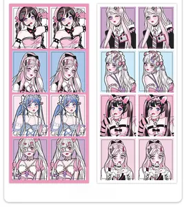 Detail of two sticker sheets featuring various anime girl characters for journal decoration