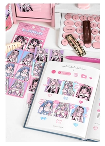 Detail of anime girl stickers on a planner with soft pink desk accessories