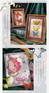 Artistic butterfly stickers in various colors on a vintage background for DIY journaling