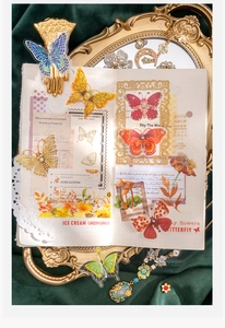 Detailed butterfly and floral PET stickers on vintage tray with elegant pearls