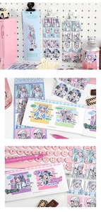 Detail of anime girl stickers from PaperMore collection with blue and pink notebook set