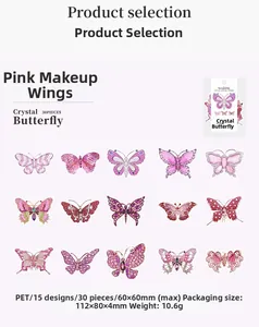 Flat lay of 30pcs crystal butterfly PET stickers in pink and purple for DIY scrapbooking