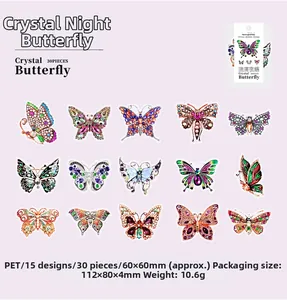 Macro detail of PET crystal butterfly stickers with 15 unique jewel-like designs