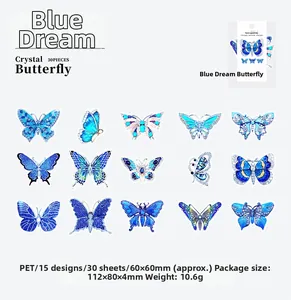 Macro detail of 30pcs crystal butterfly PET stickers for DIY scrapbooking decoration