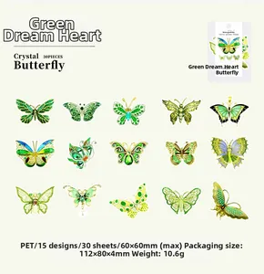 Macro display of 15 unique crystal butterfly PET stickers for DIY scrapbooking decor