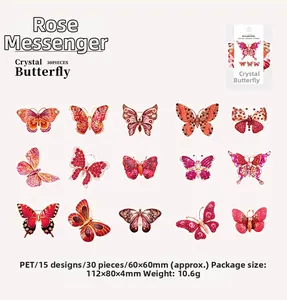 Detail view of 30pcs crystal butterfly PET stickers with 15 unique red and pink designs