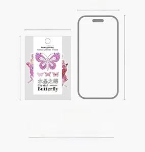 Macro detail of pink crystal butterfly stickers package showing 80mm x 112mm dimensions