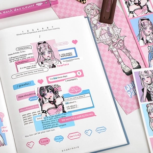 Anime girl theme decorative stickers set for journaling with pink and blue pastel illustrations