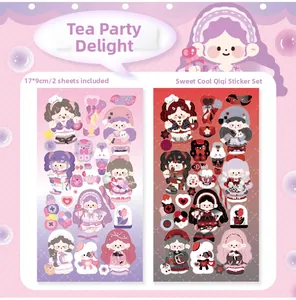 Detail of cute anime girl stickers in pink and black for DIY craft journaling