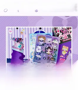 Close-up of laser finish cartoon stickers with purple and pink glitter deco details