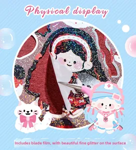 Close-up of glitter laser stickers with pre-cut shapes and cute girl illustration