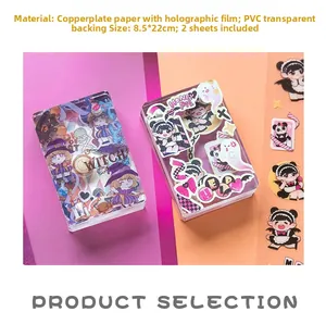 Detail of cute anime-style stickers with sparkling film finish and transparent PVC base