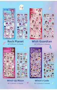 Close-up of four cute cartoon sticker sets for journaling, 85x220mm size per sheet