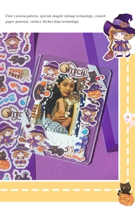 Halloween witch theme stickers with purple glitter film and custom shape cutting