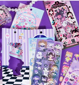 Close-up of cute anime girl stickers with laser finish for DIY scrapbooking decoration