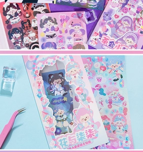 Detail of cute girl DIY stickers with laser glitter effect and dreamy pastel tones