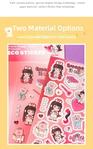 Close-up of nurse cartoon stickers showing glitter coated paper and PVC material details