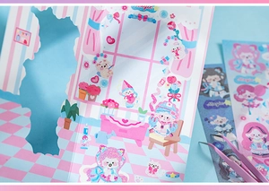 Detail of glitter cartoon stickers set for DIY journals with cute cat and bear characters