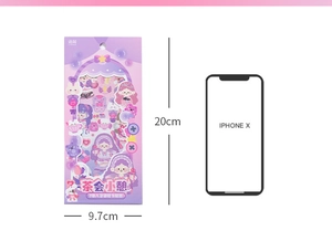 Size comparison of purple cartoon stickers next to an iPhone X showing the 20x9.7cm dimensions