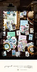 Macro detail of vintage gold-stamped stamp stickers with elegant world travel themes