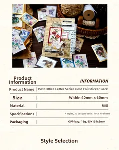 Macro shot of 40mm x 60mm vintage washi paper stickers with elegant gold foil details