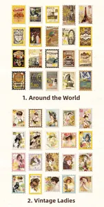 Vintage travel and classic lady stickers with Eiffel Tower and retro car motifs