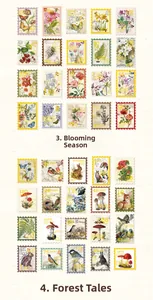 Detailed grid layout of vintage floral and forest animal themed DIY scrapbook stickers