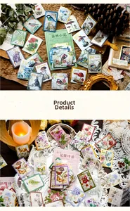 Detail view of retro stamp stickers with forest and floral patterns for DIY journaling
