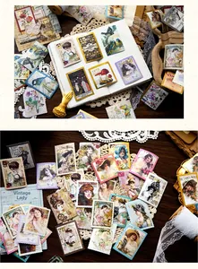 Macro detail of vintage-style stamp stickers with Victorian ladies and floral designs
