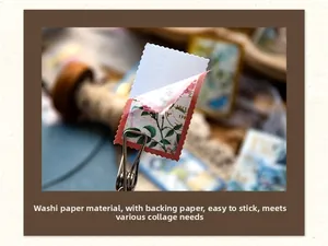Macro shot of vintage floral washi stickers with wave edges and easy-to-peel backing