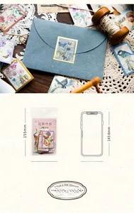 Macro detail of vintage floral stamp stickers with size comparison to a smartphone