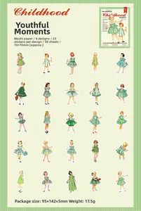 Detailansicht von Vintage-Papieraufklebern mit Mädchen in Grüntönen für DIY-Scrapbooking
