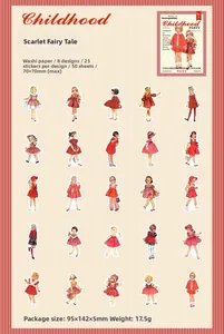 Detail von 50 Vintage Kinder-Modestickern in Rot und Weiß für DIY Scrapbooking Projekte