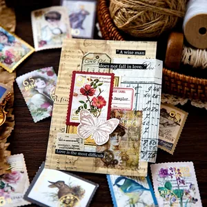 Retro DIY scrapbook stickers set featuring vintage stamps, butterflies and quotes