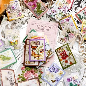 Vintage floral and butterfly postage stamp stickers with lace background for DIY scrapbooking