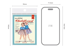 Detailansicht der Childhood Party Vintage Sticker Verpackung mit Größenreferenz in mm