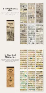 Detail van washi-stickers in vintage kranten- en zeekaartstijl, 18 vellen per verpakking