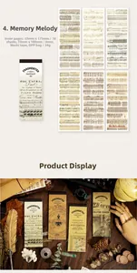 Macro-detail van retro washi-stickers met vintage bladmuziek en oude krantenscripts