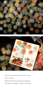 Macro shot of gold foil firework PET stickers applied on a vintage scrapbook layout