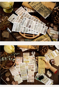 Macro detail of retro text stickers and vintage paper scrapbooks on a wooden table