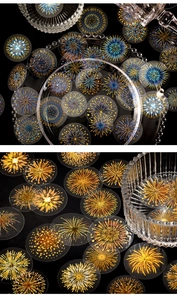 Macro detail of colorful fireworks stickers on glassware with PET transparent finish