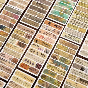 Vintage scrapbooking stickers with old newspaper, sheet music, and map designs