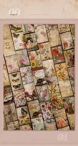 Detailed spread of vintage scrapbooking stickers with 100 diverse floral and retro motifs