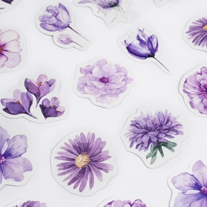 46-piece purple watercolor flower stickers set featuring lavender daisies and tulips