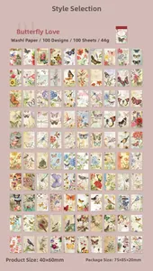 Matrix-Layout von 100 Vintage-Washi-Aufklebern mit Schmetterlingen und Blumen im Set