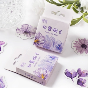 Purple flower aesthetic stickers box set containing 46 pieces for journaling and scrapbooking