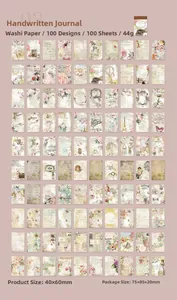 Draufsicht auf 100 verschiedene Vintage-Washi-Sticker mit Blumen im 10x10-Gitterlayout