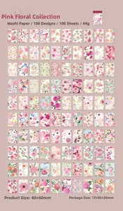 Rasterlayout mit 100 einzigartigen Vintage-Blumen-Washi-Sticker in rosa Blumenthema